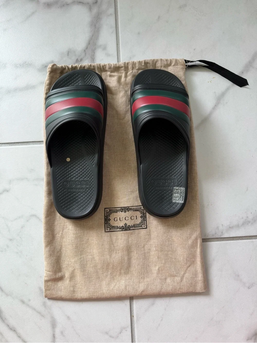 Gucci Black Slides with Red and Green Stripes